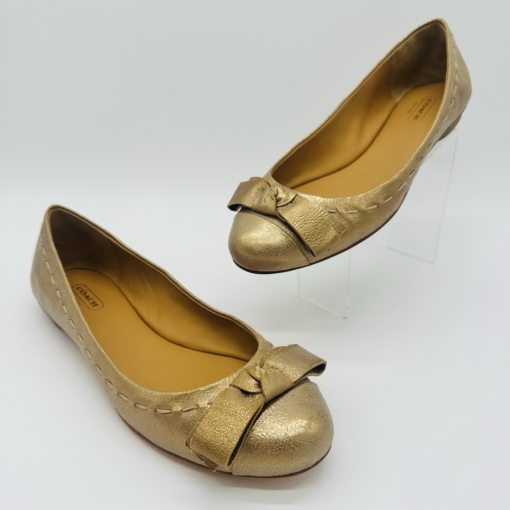 COACH Women's 9 M Bow Honey Brushed Metall Bronze Gold Leather Ballet Flat NIB